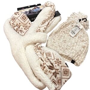 Cuddl Duds Nordic Pull through Scarf & Chenille Hat in Oatmeal Winter Fall NEW